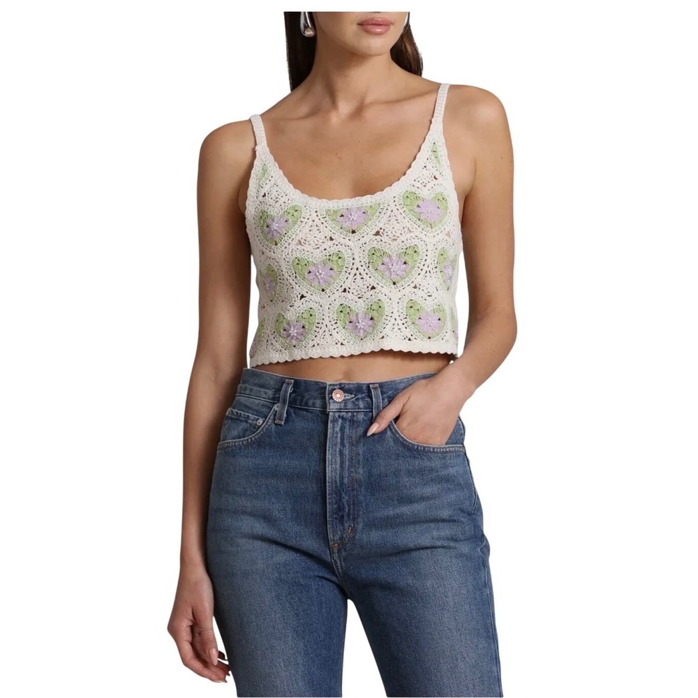 New Avec Les Filles Crochet Heart Flower Beaded Tank Top Green‎ size M/L Boho